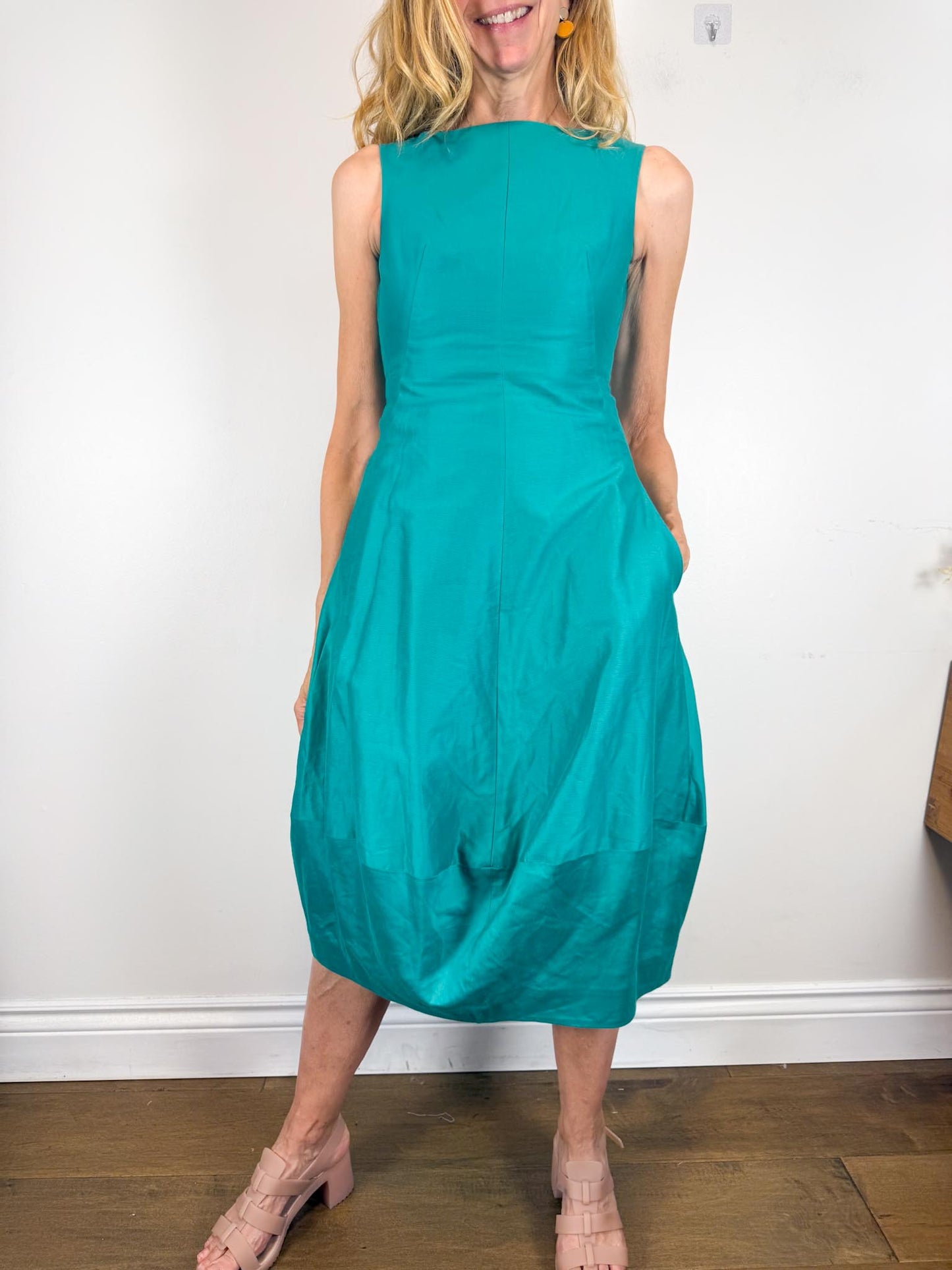 COS Silk Sleeveless Bubble Midi Dress in Teal (Size XS)