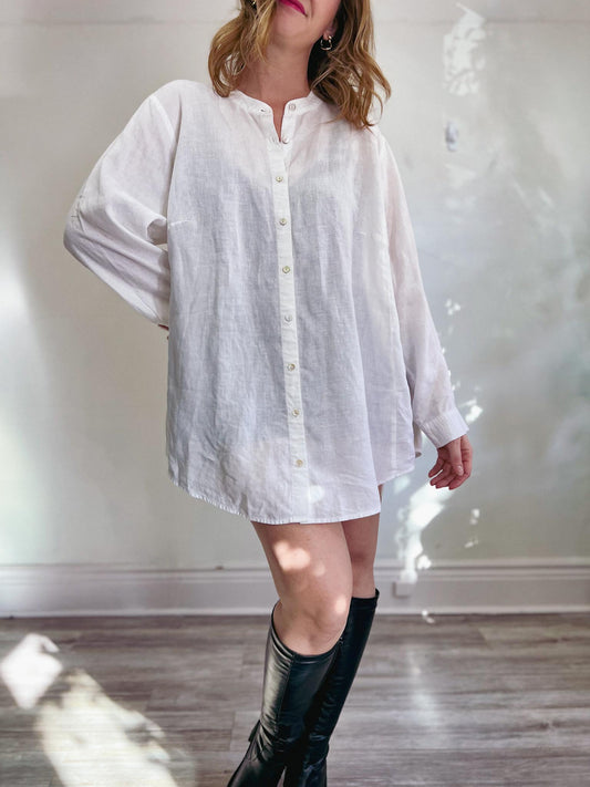 Eileen Fisher Mandarin Collar White Linen Long Blouse (Size 3X)