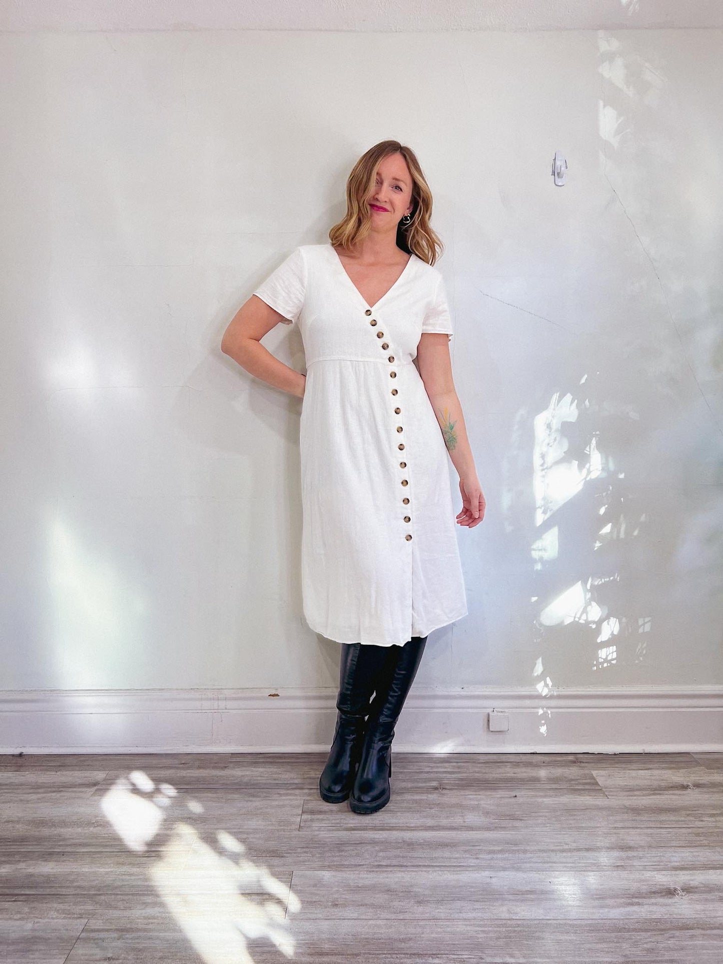 Madewell "Button-Wrap Linen Midi Dress in White" (Size 12)