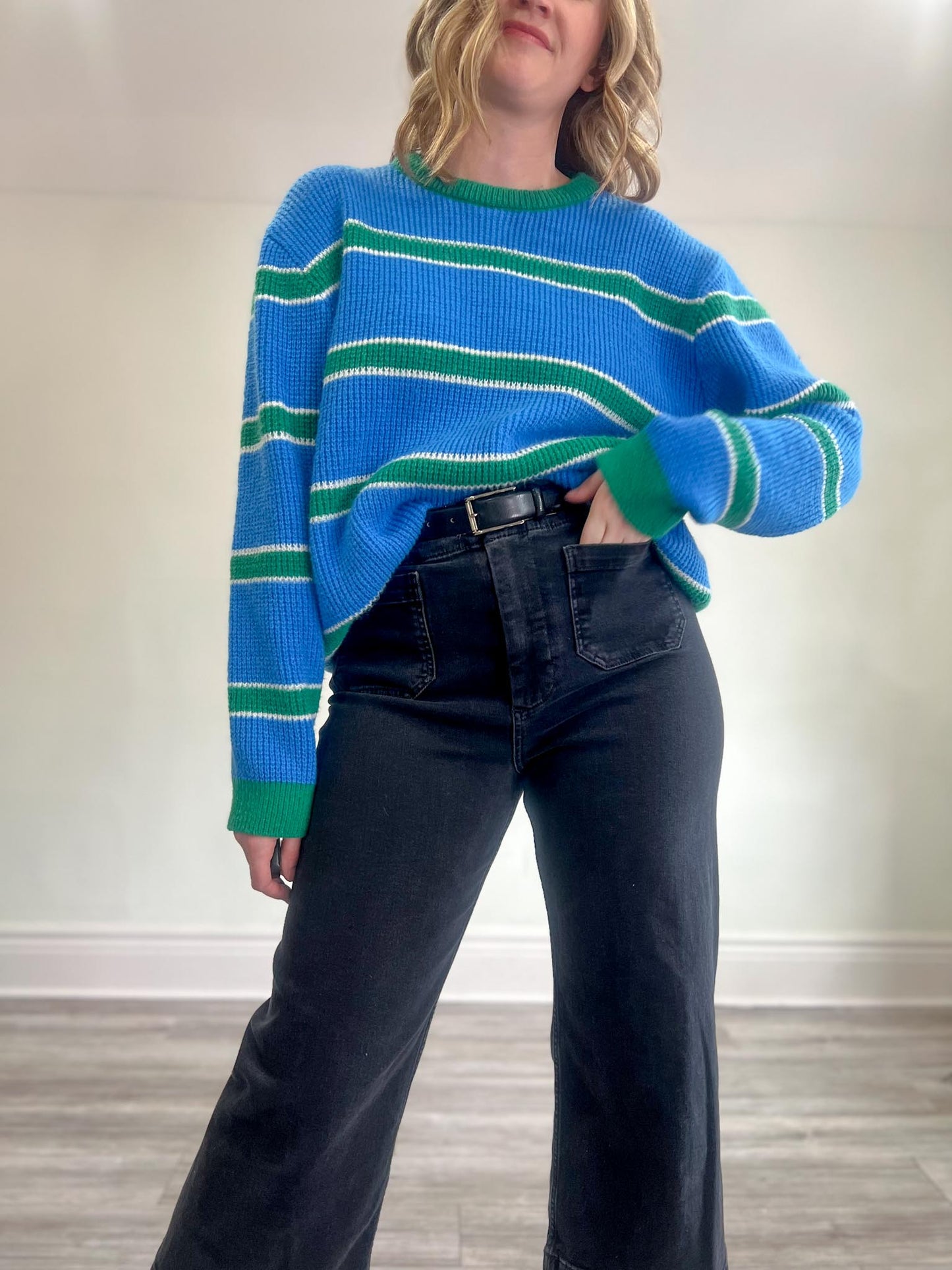 Esc Striped Knit Crewneck in Blue/Green (Size L)