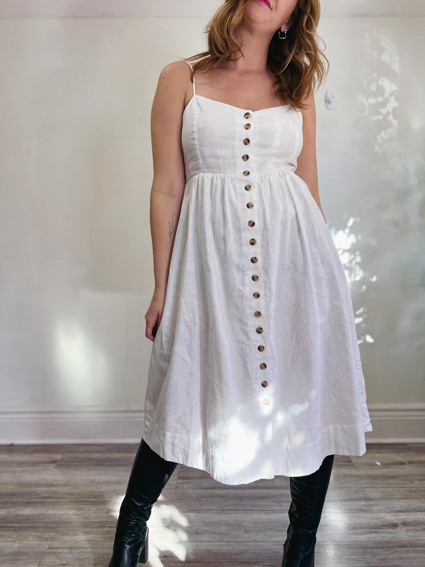 Madewell "Linen-Cotton Cami Button-Front Midi Dress in White" (Size 10)