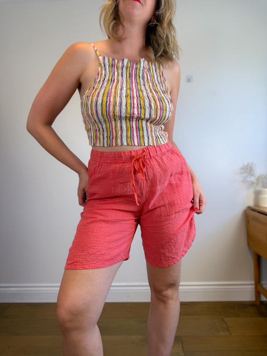 Eileen Fisher "Puckered Organic Linen Shorts in Punk Gingham" (Size M)