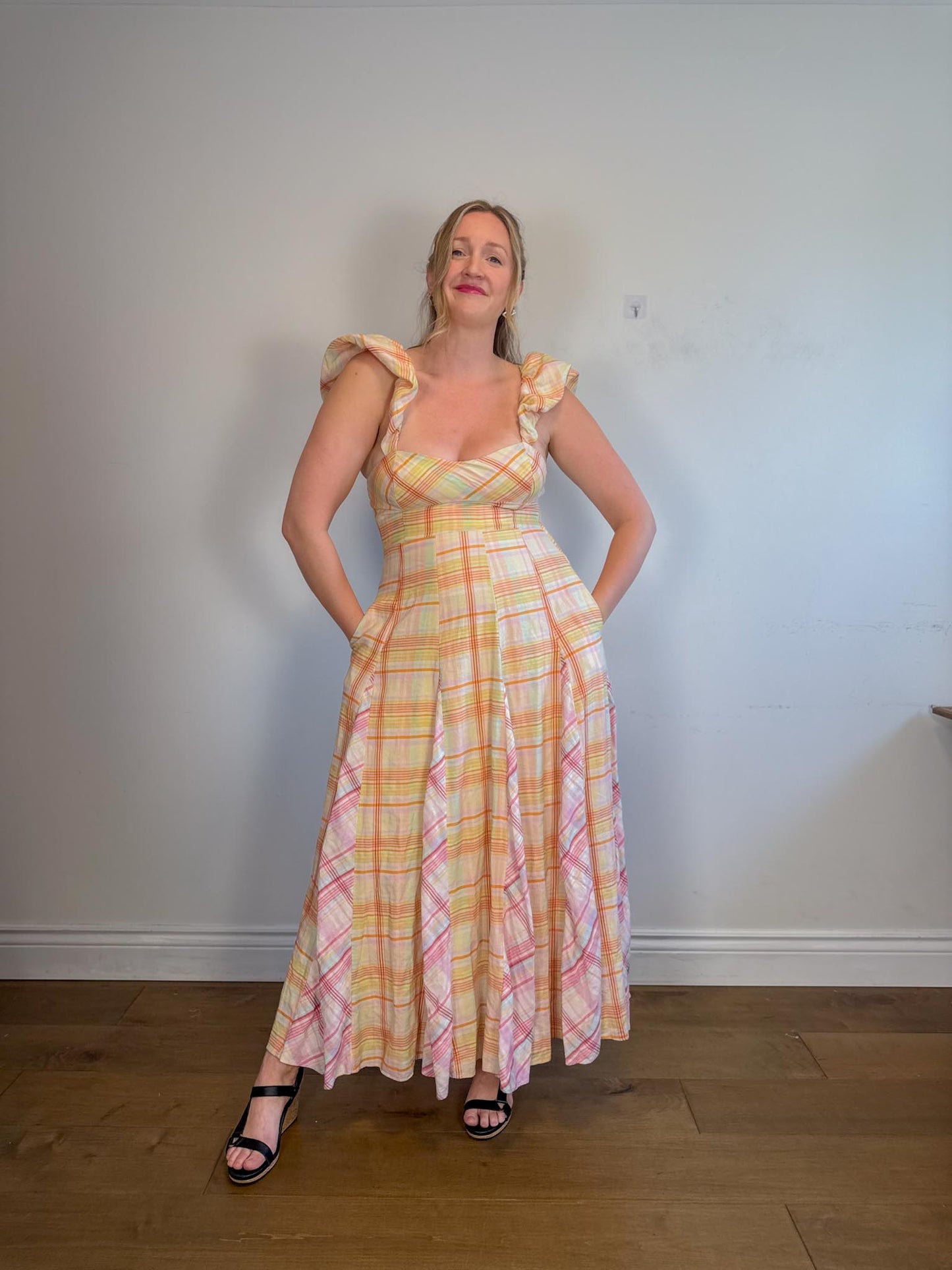 Anthropologie "Maeve Linen Blend Flutter-Sleeve A-Line Midi Dress in Pastel Plaid" (Size S)