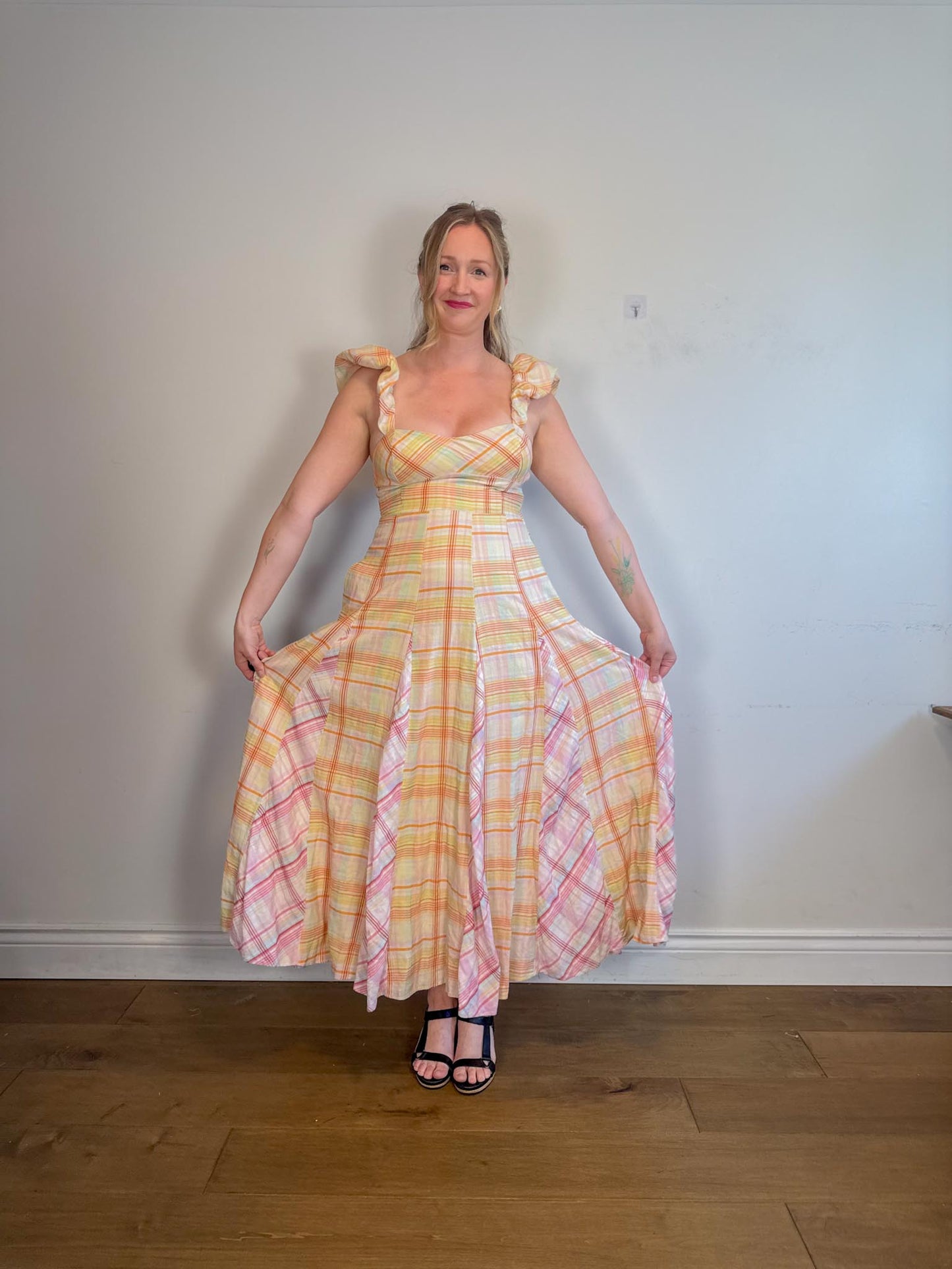 Anthropologie "Maeve Linen Blend Flutter-Sleeve A-Line Midi Dress in Pastel Plaid" (Size S)