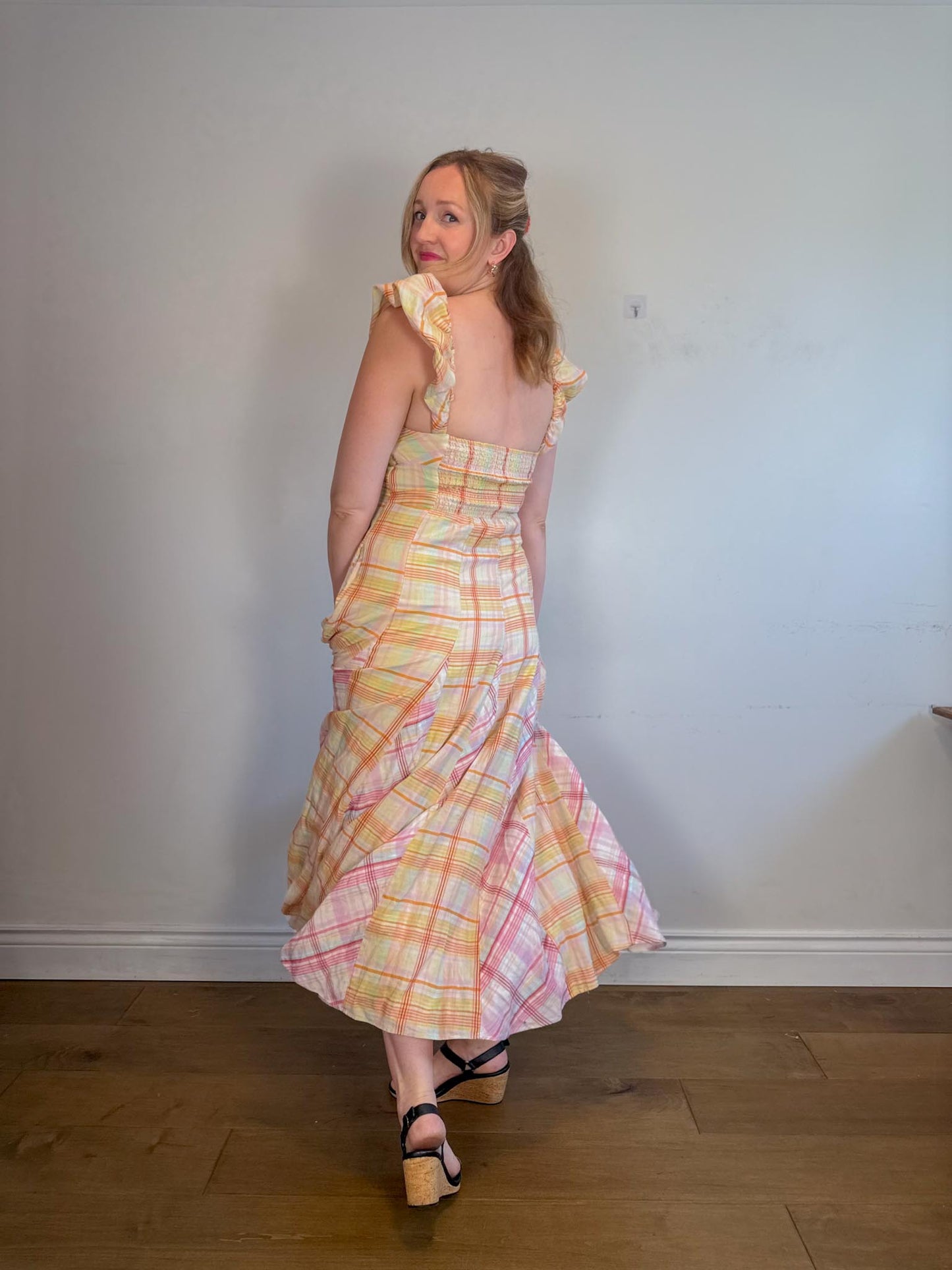 Anthropologie "Maeve Linen Blend Flutter-Sleeve A-Line Midi Dress in Pastel Plaid" (Size S)