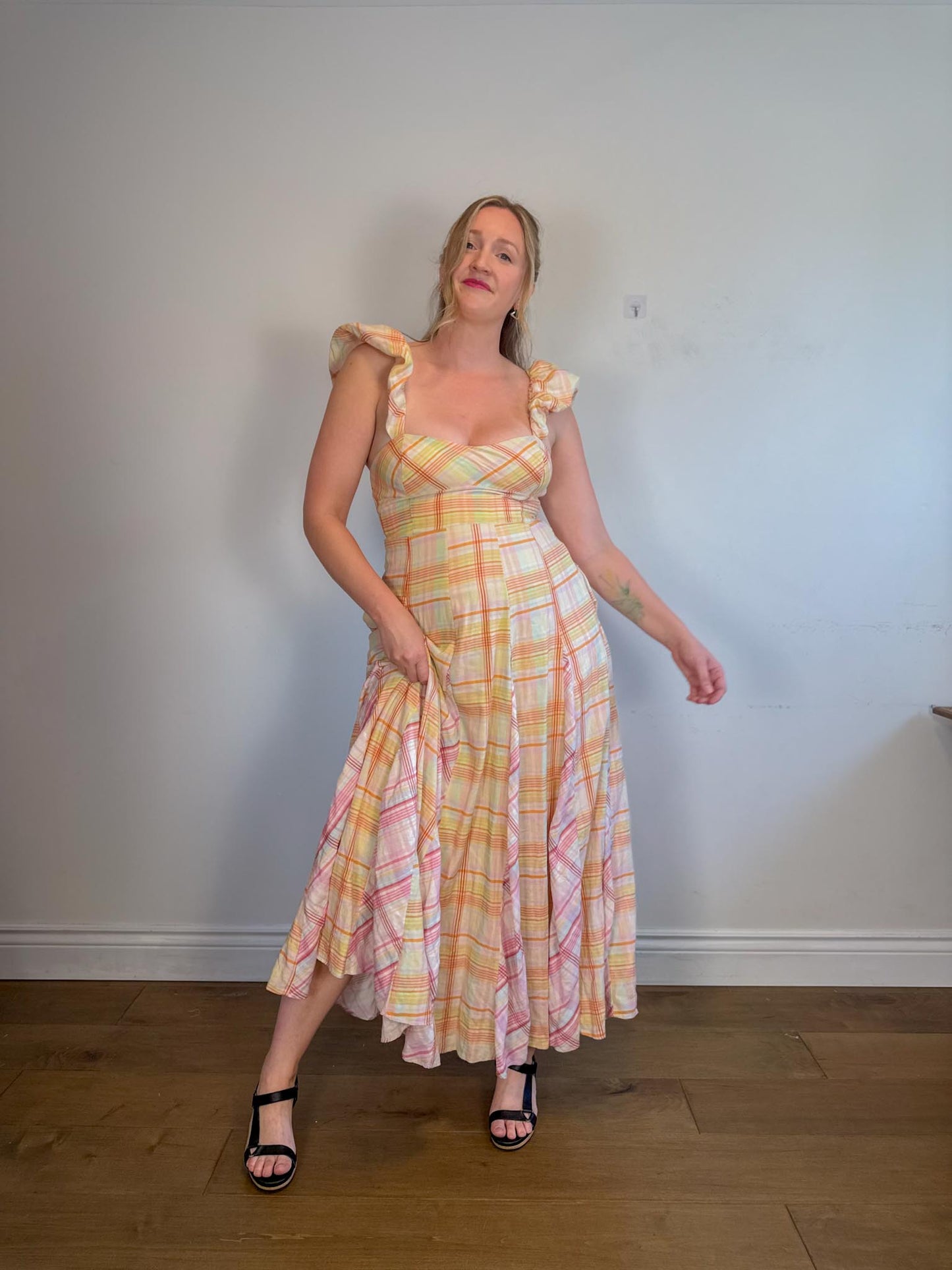 Anthropologie "Maeve Linen Blend Flutter-Sleeve A-Line Midi Dress in Pastel Plaid" (Size S)