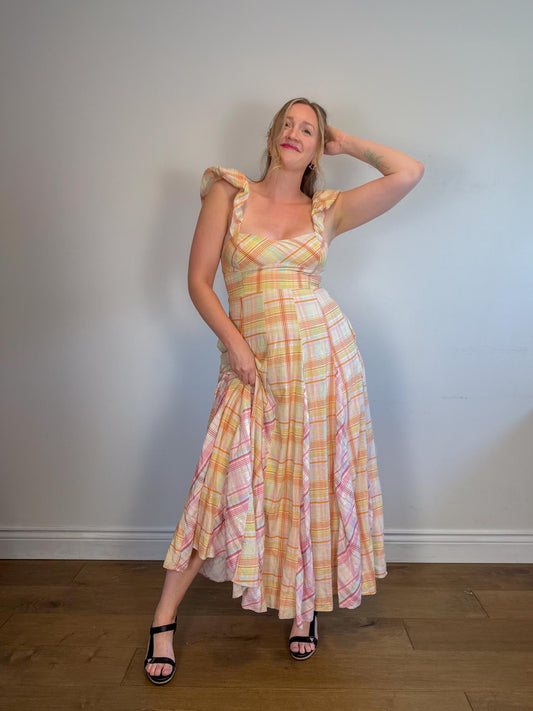 Anthropologie "Maeve Linen Blend Flutter-Sleeve A-Line Midi Dress in Pastel Plaid" (Size S)