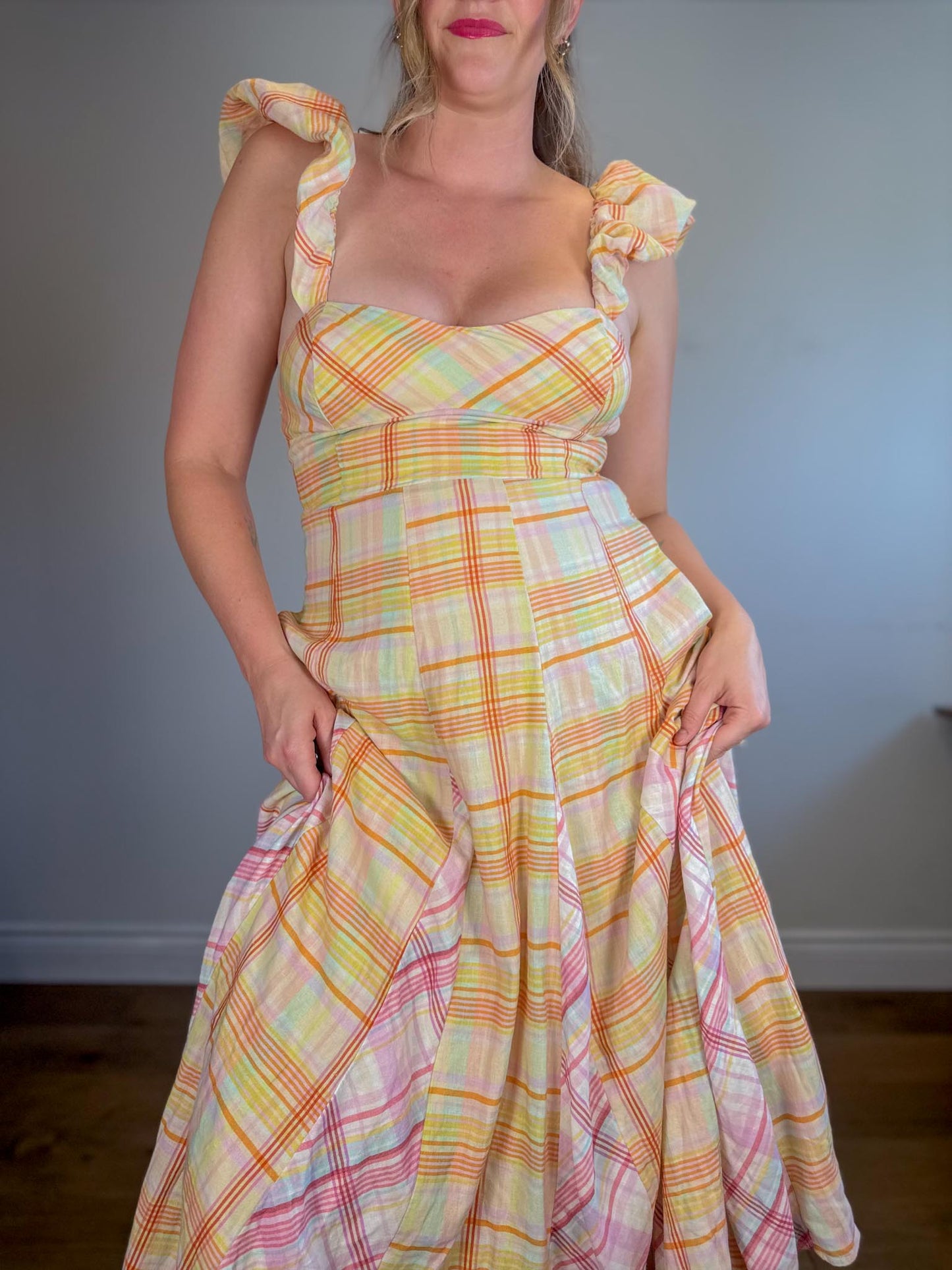 Anthropologie "Maeve Linen Blend Flutter-Sleeve A-Line Midi Dress in Pastel Plaid" (Size S)