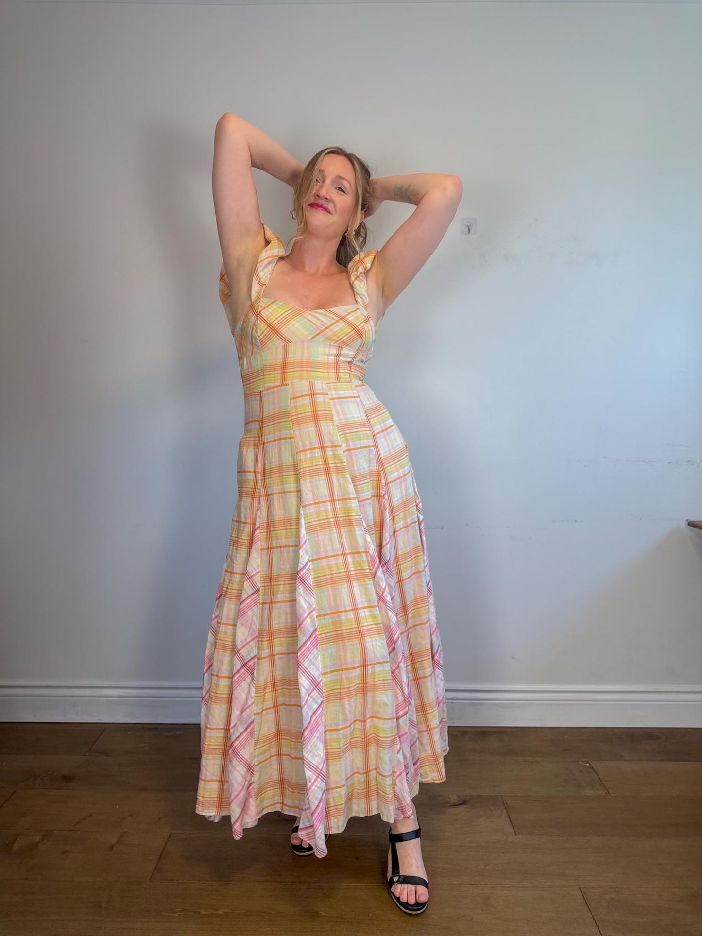 Anthropologie "Maeve Linen Blend Flutter-Sleeve A-Line Midi Dress in Pastel Plaid" (Size S)