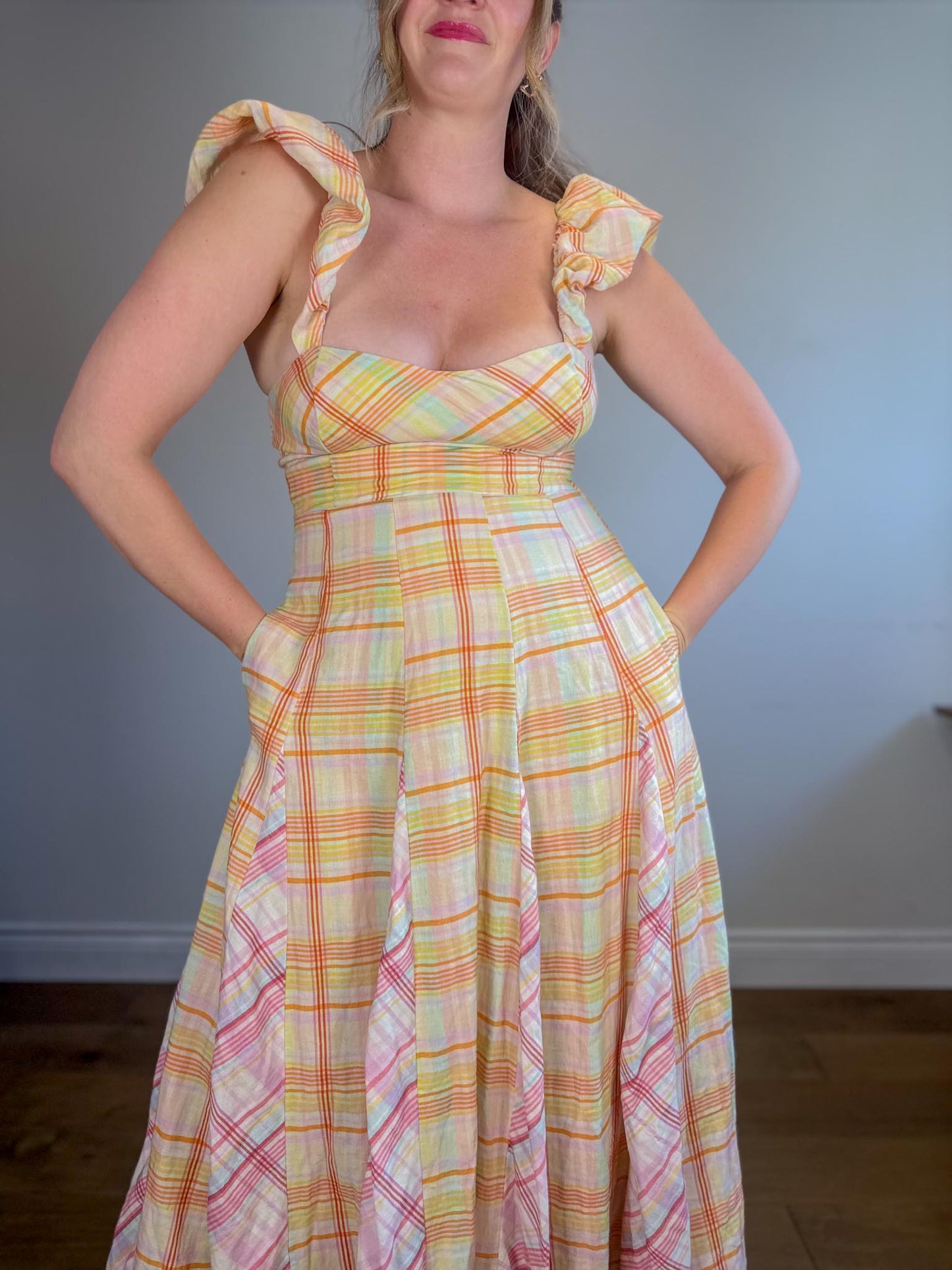 Anthropologie "Maeve Linen Blend Flutter-Sleeve A-Line Midi Dress in Pastel Plaid" (Size S)