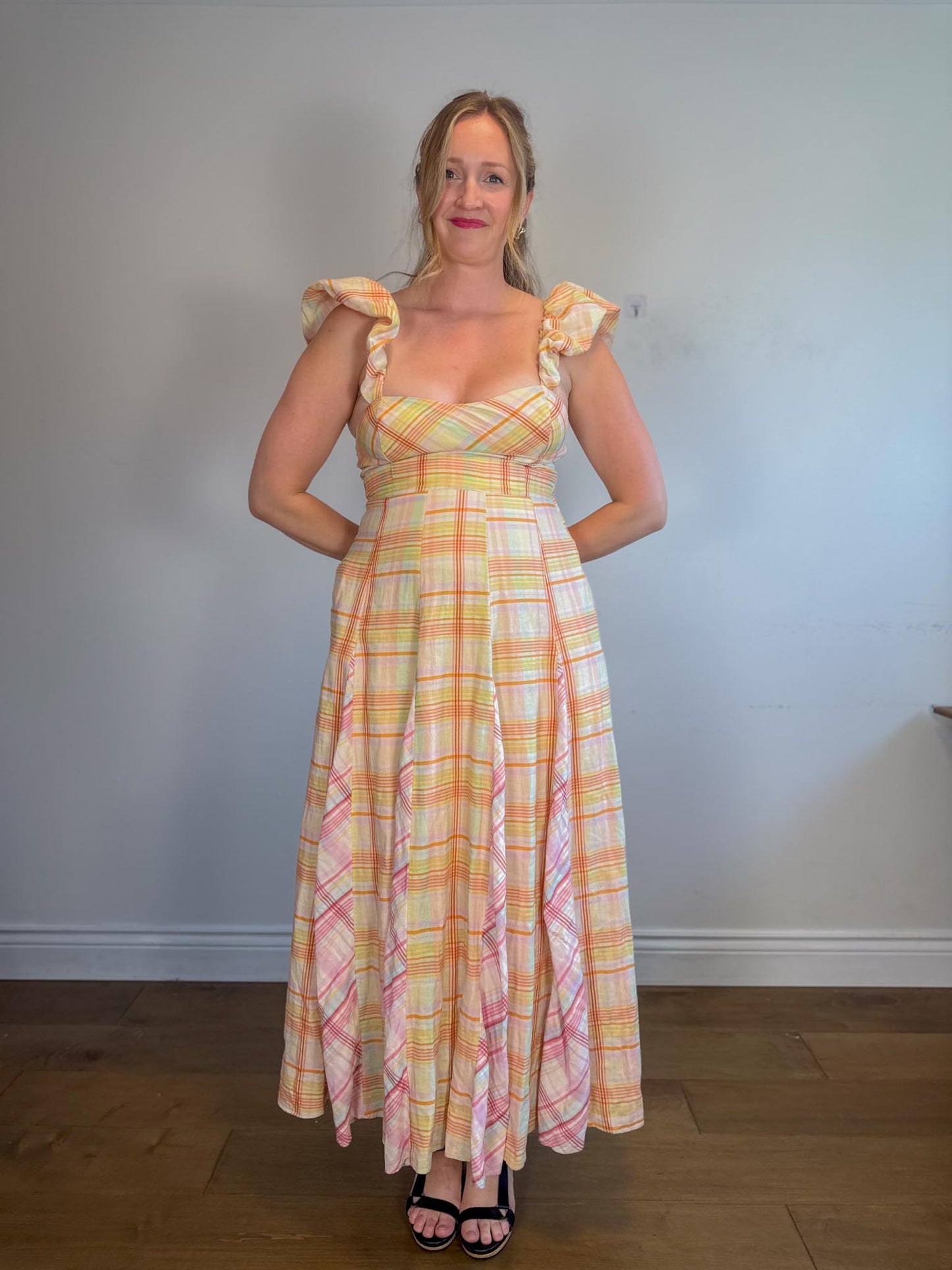 Anthropologie "Maeve Linen Blend Flutter-Sleeve A-Line Midi Dress in Pastel Plaid" (Size S)