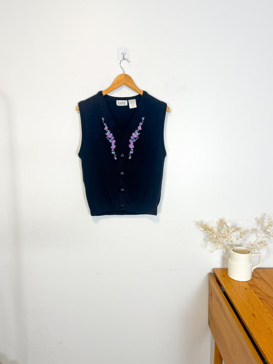Vintage Floral Embroidered Sweater Vest in Black/Purple (Size S)