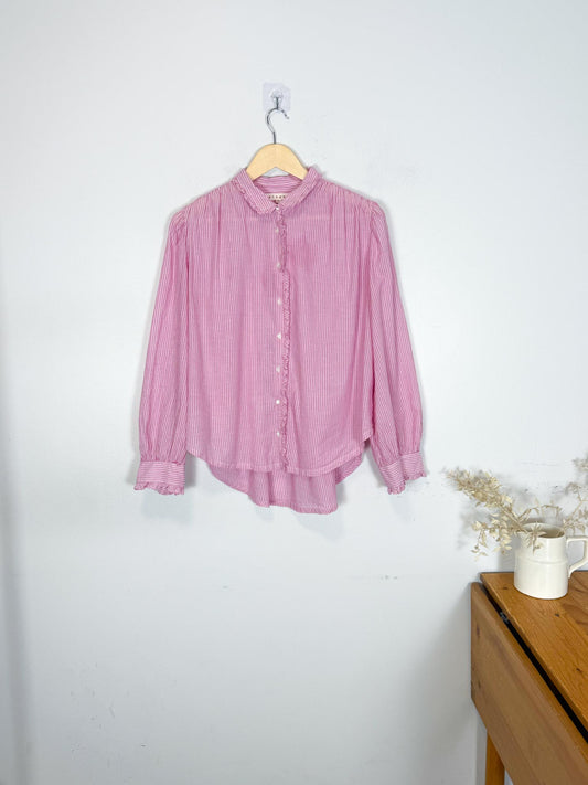 XIRENA "Gillian Ruffle Shirt Small in Rose Mallow" (Size XS-M)