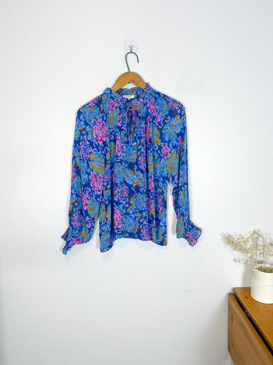 SUNCOO Paris "Linda Floral Printed Blouse in Blue" (Size S/M)