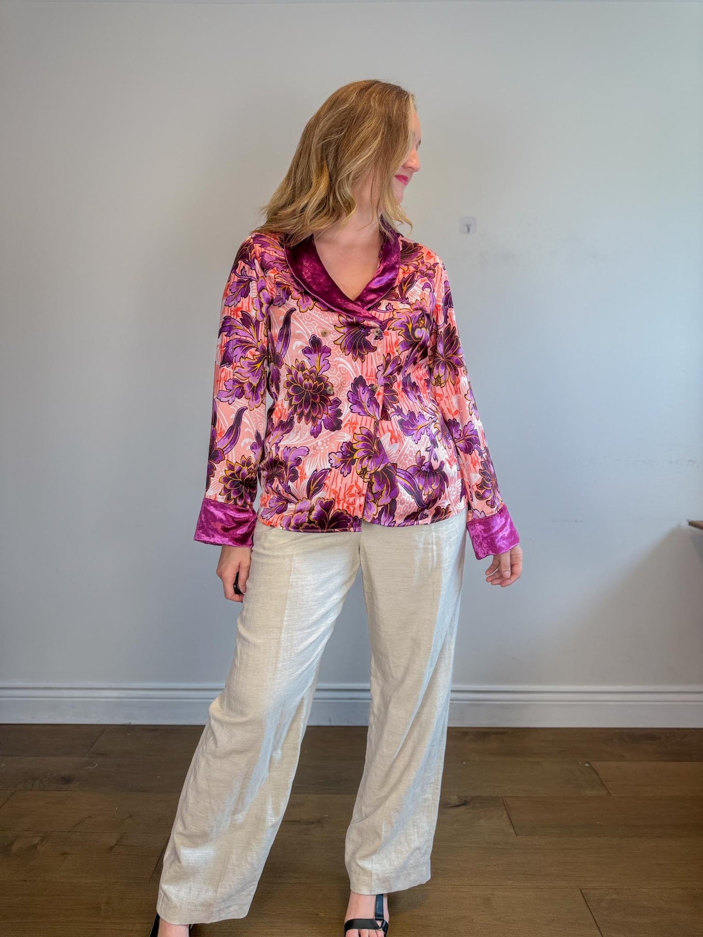 Anthropologie "Luxe Blouse in Purple Floral" (Size M)