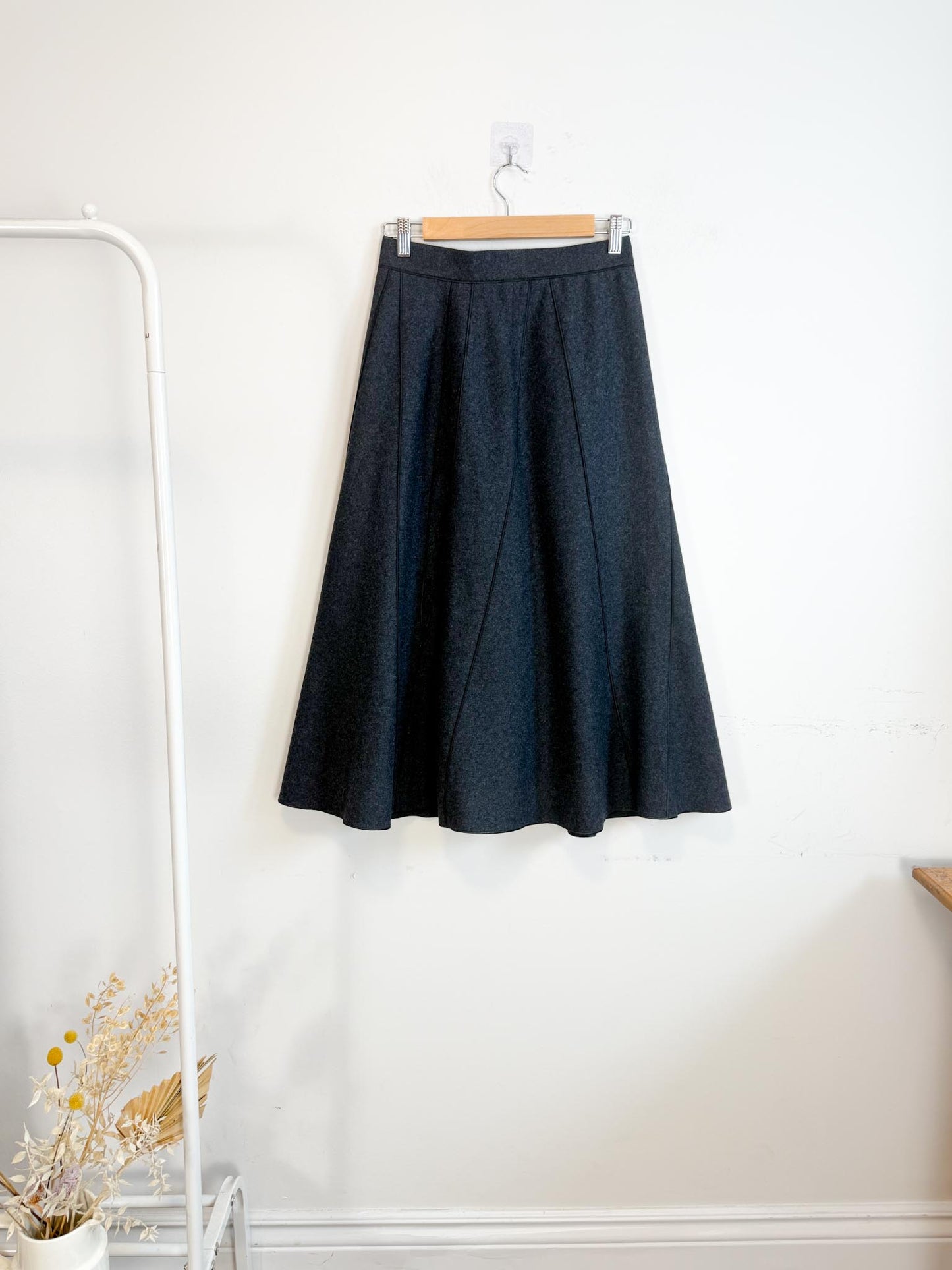 Vintage Wool Flared Midi Skirt in Dark Grey (Size S)