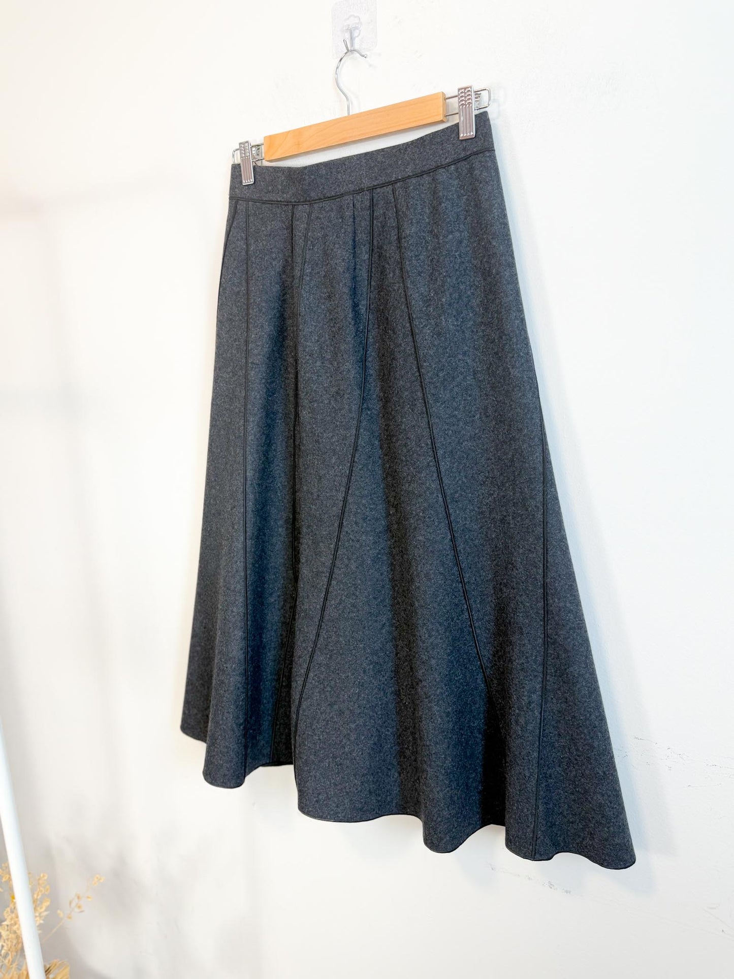 Vintage Wool Flared Midi Skirt in Dark Grey (Size S)