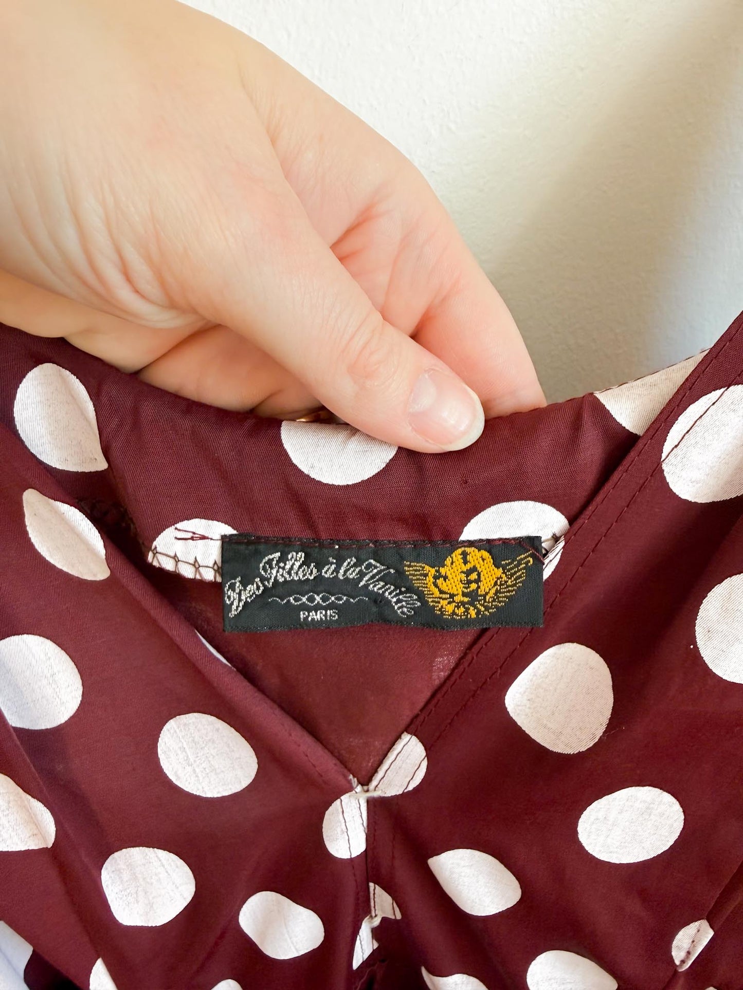 Vintage 90s Des Filles a la Vanille Paris Polka Dot Dress in Maroon/White (Size S)