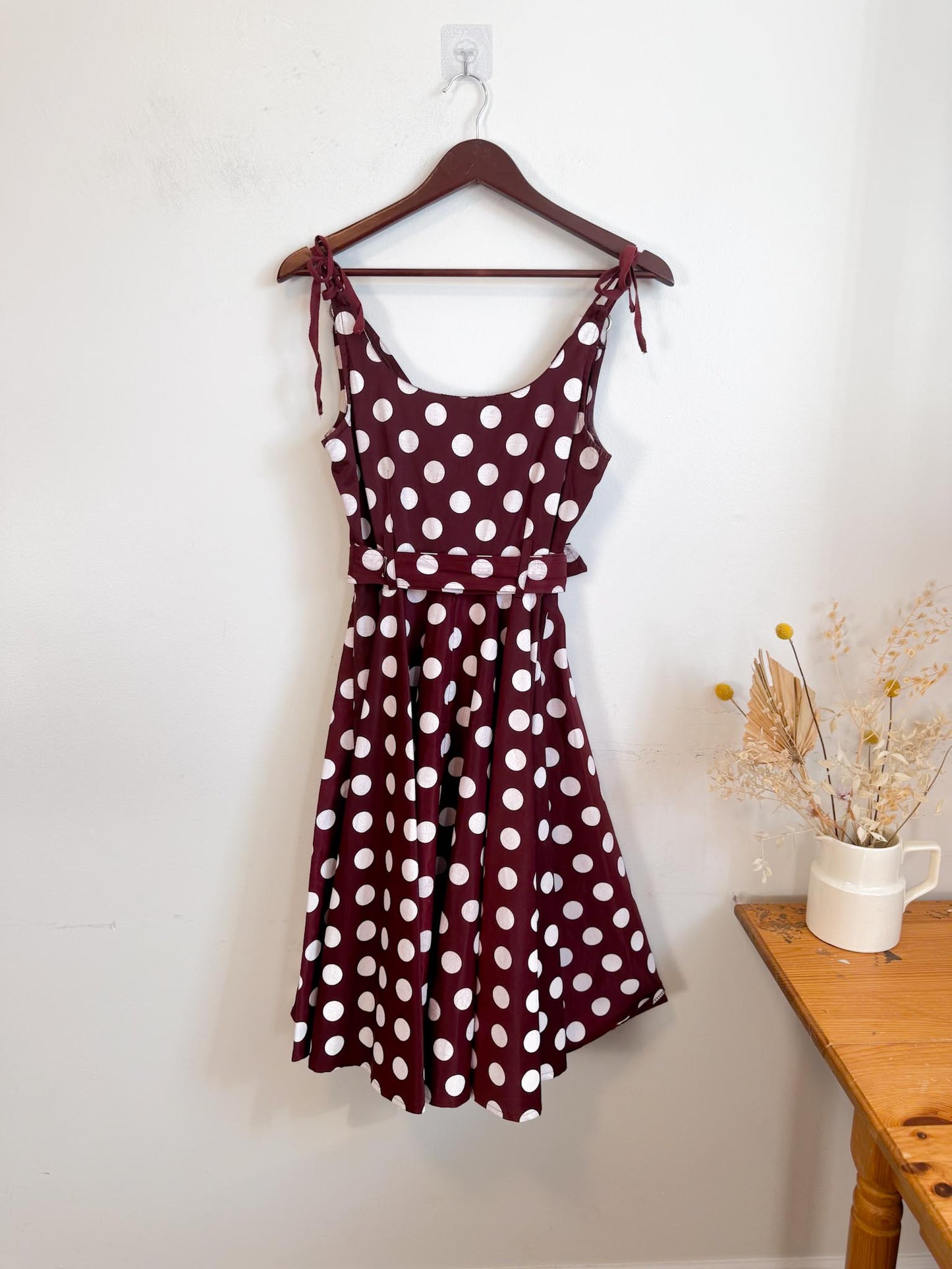 Vintage 90s Des Filles a la Vanille Paris Polka Dot Dress in Maroon/White (Size S)