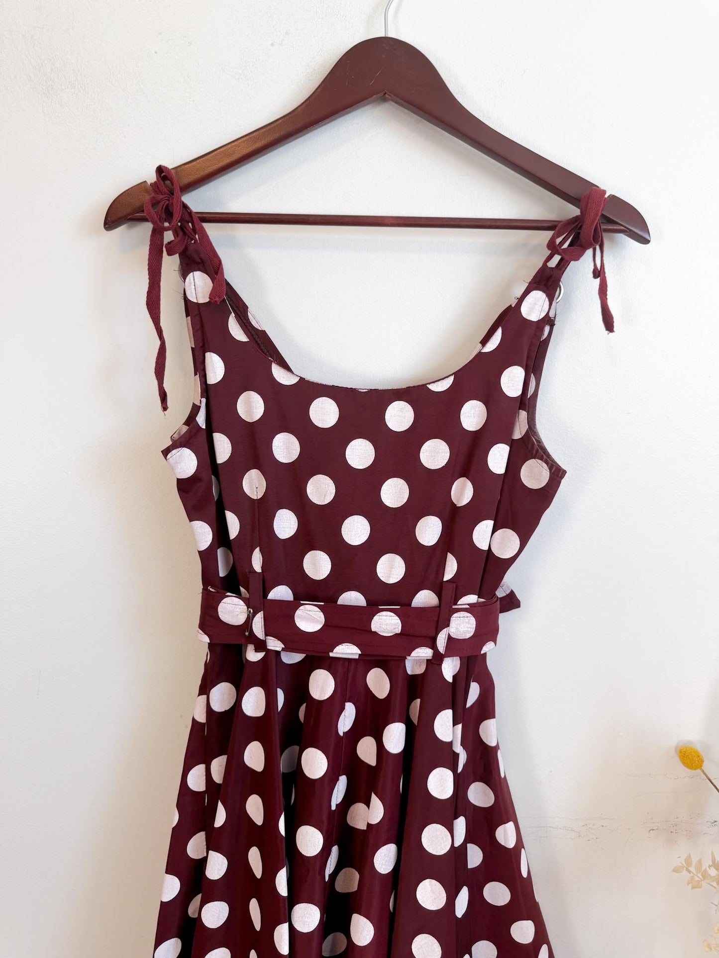 Vintage 90s Des Filles a la Vanille Paris Polka Dot Dress in Maroon/White (Size S)