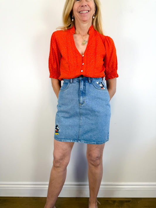 Vintage 1990s Disney Mickey Mouse Denim Mini Skirt (Size XS/S)