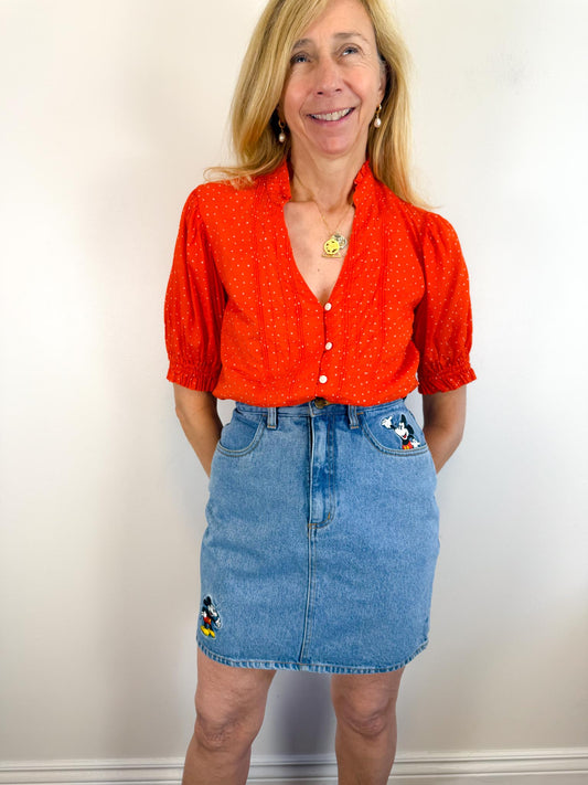 TROVATA Ruffle Blouse in Orange Red Polka Dot (Size XS-M)