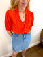 TROVATA Ruffle Blouse in Orange Red Polka Dot (Size XS-M)