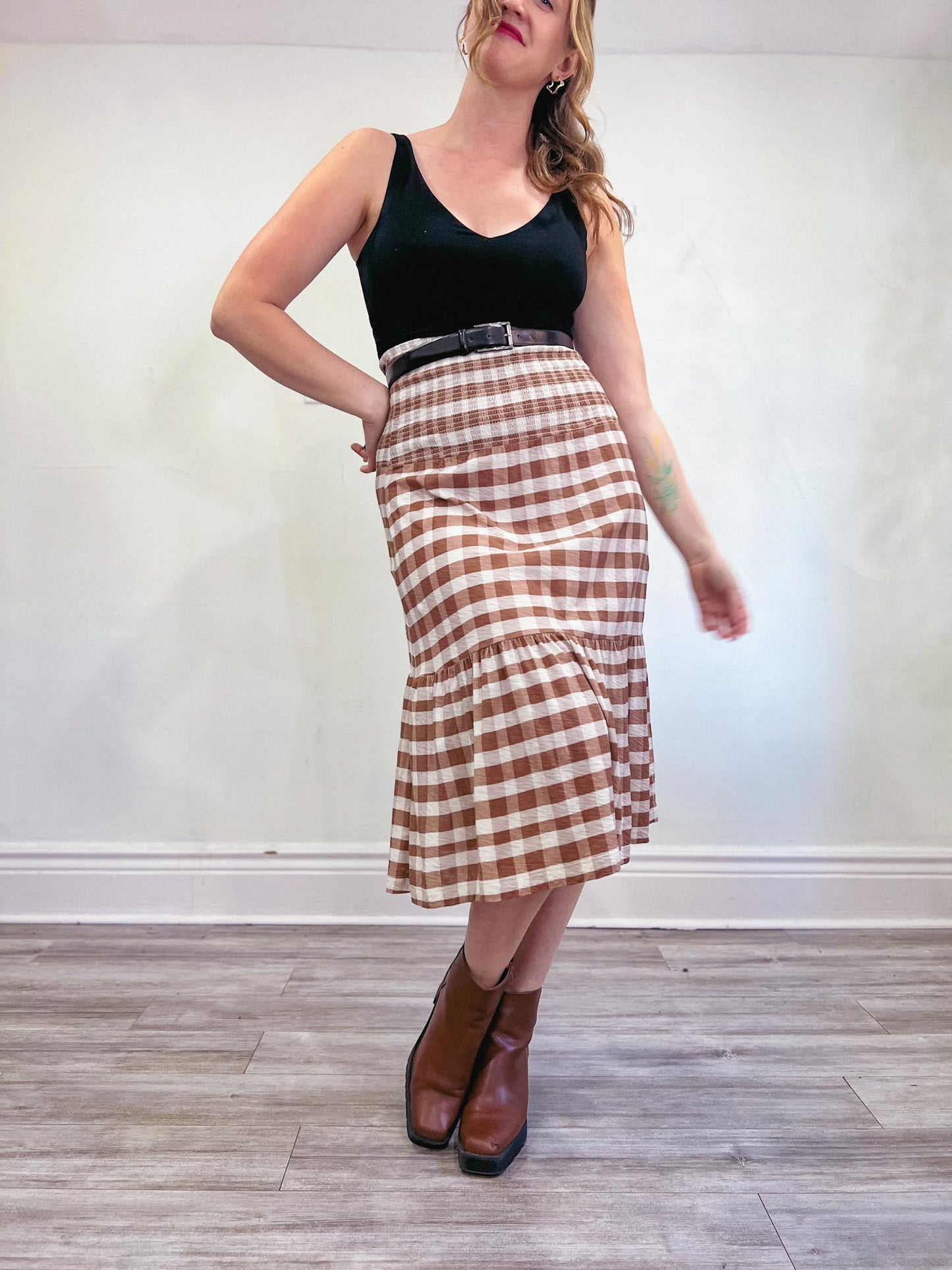 Nation "Nyla Smocked Skirt in Brown/White Gingham" NWT (Size S/M)