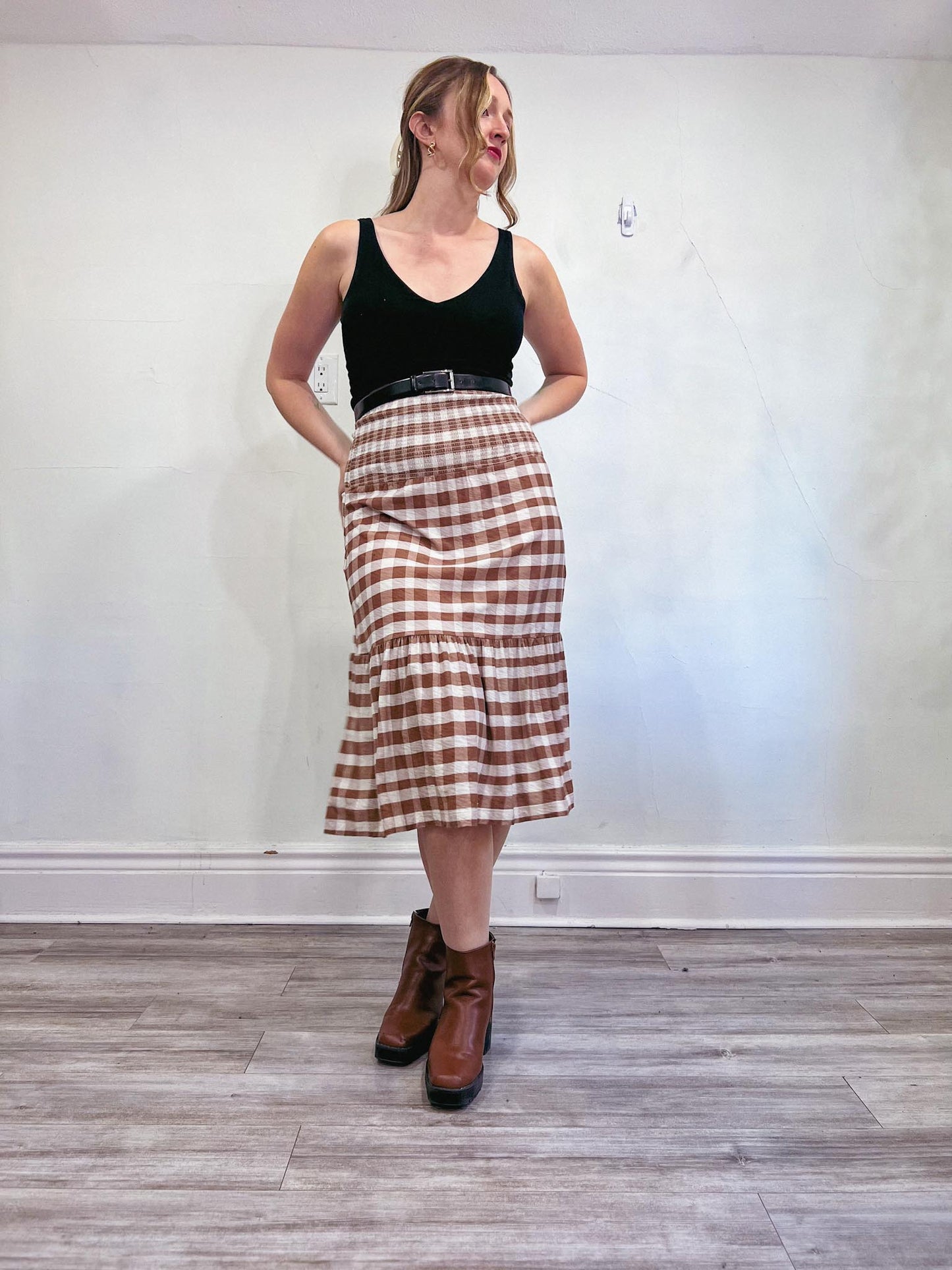 Nation "Nyla Smocked Skirt in Brown/White Gingham" NWT (Size S/M)