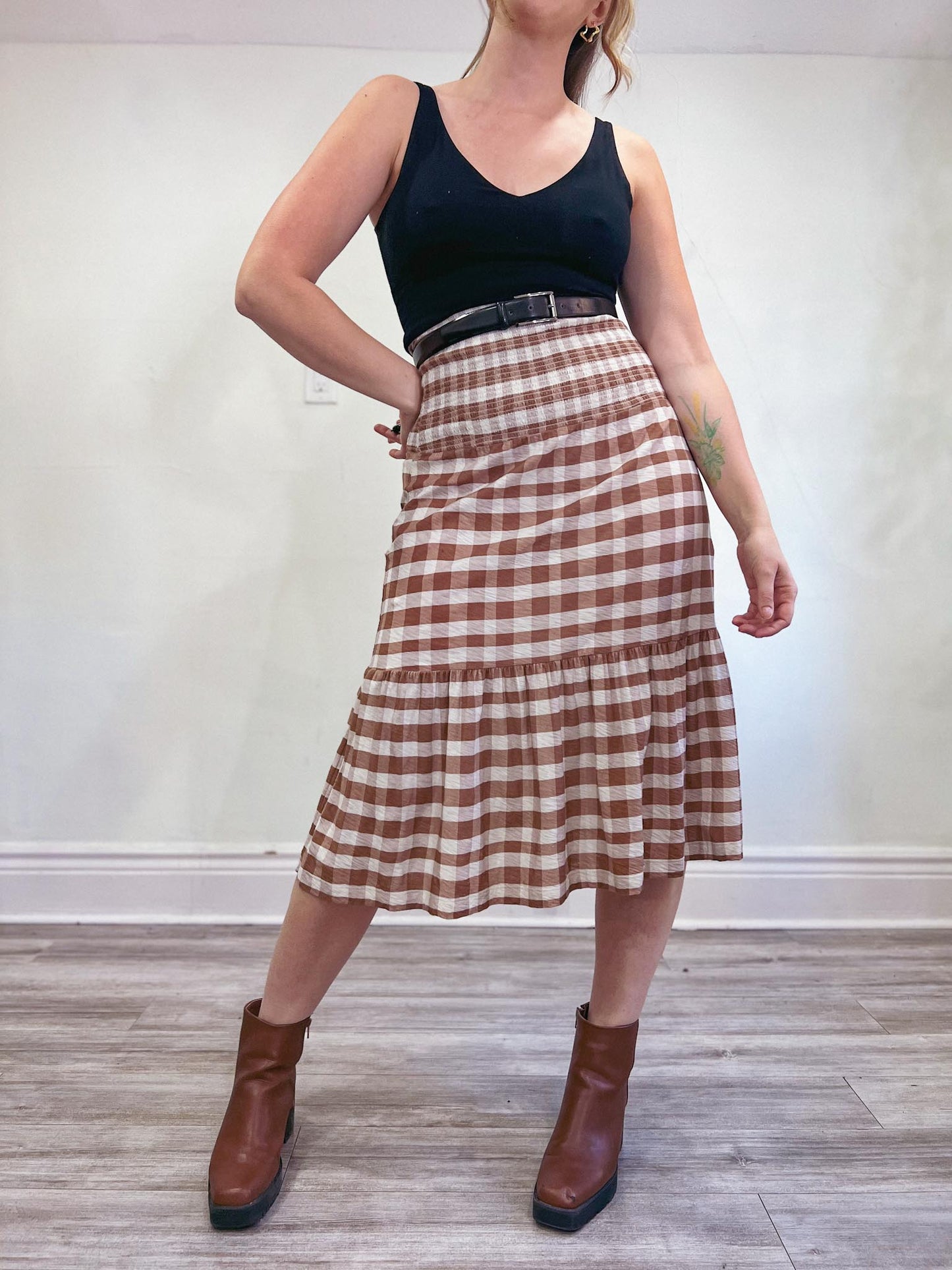 Nation "Nyla Smocked Skirt in Brown/White Gingham" NWT (Size S/M)