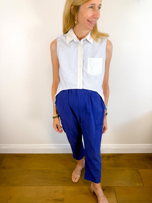 Jonathan Simkhai High Low Sleeveless Pinstripe Button Down (Size S)