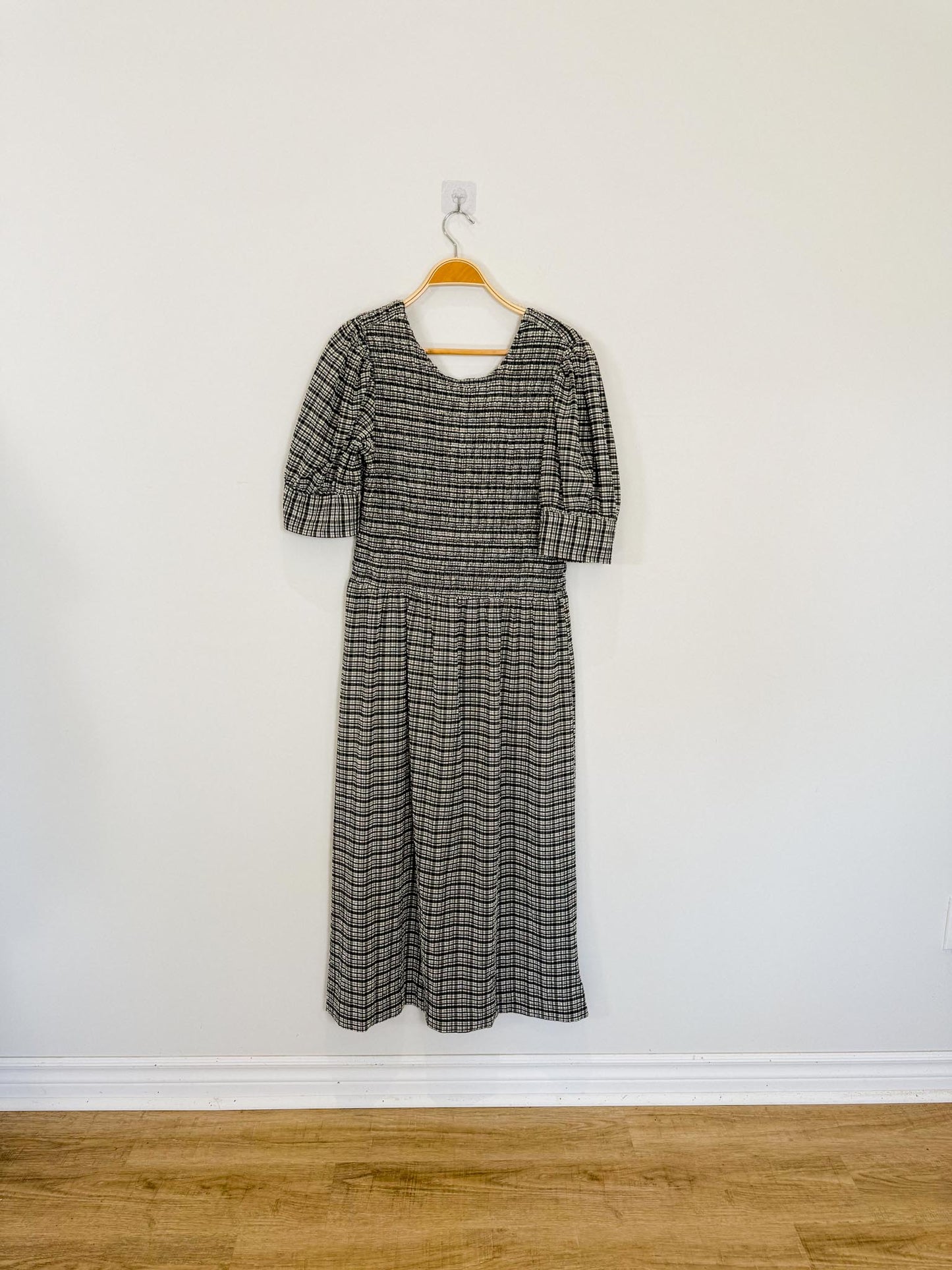 GANNI "Shirred Checked Recycled Seersucker Midi Dress in Black/White" (Size L)