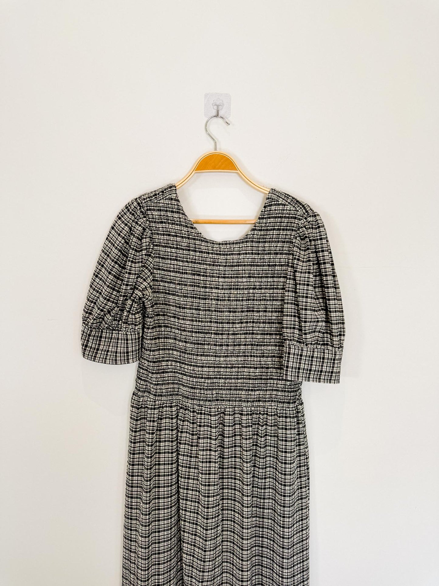 GANNI "Shirred Checked Recycled Seersucker Midi Dress in Black/White" (Size L)