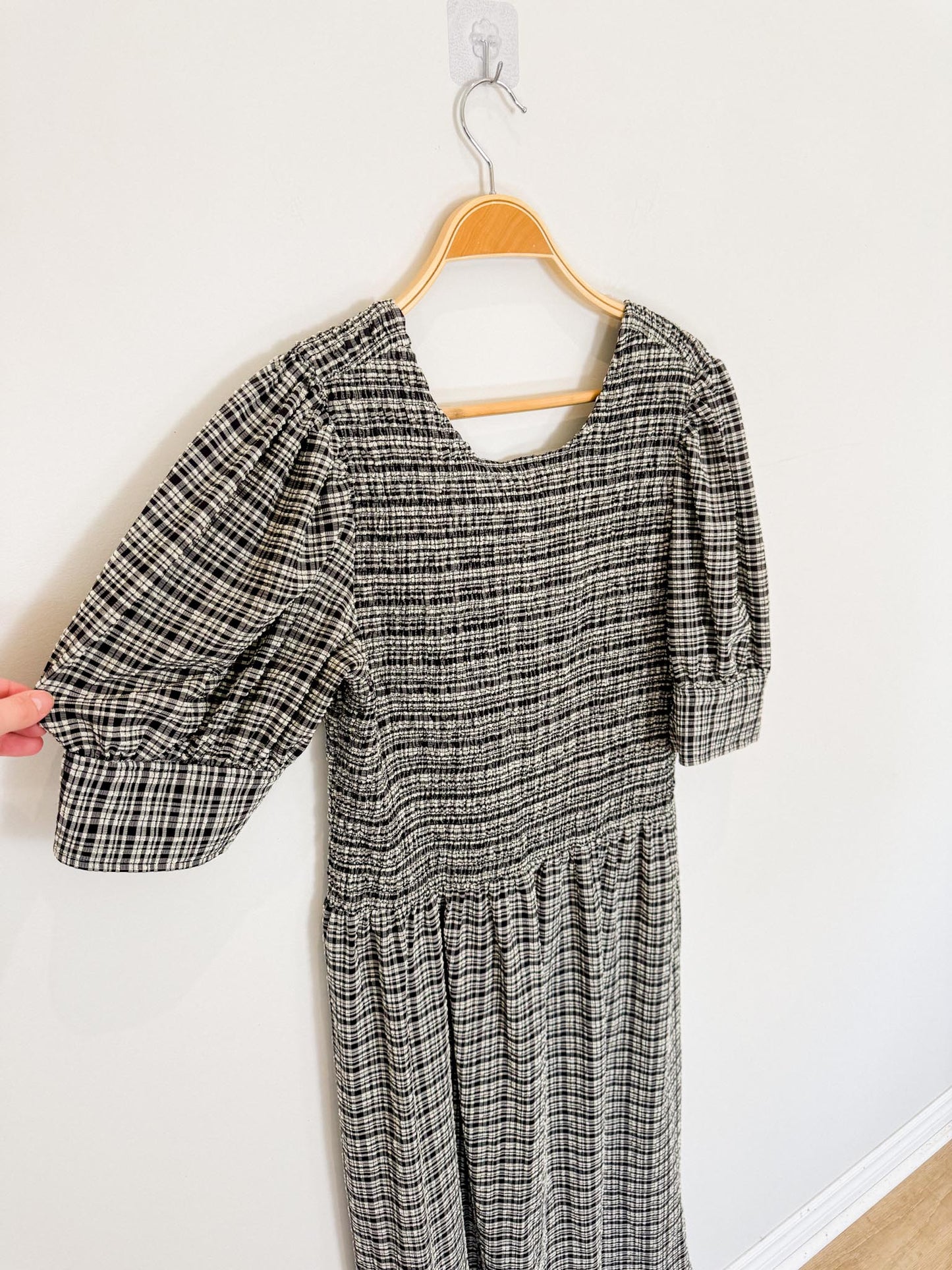 GANNI "Shirred Checked Recycled Seersucker Midi Dress in Black/White" (Size L)