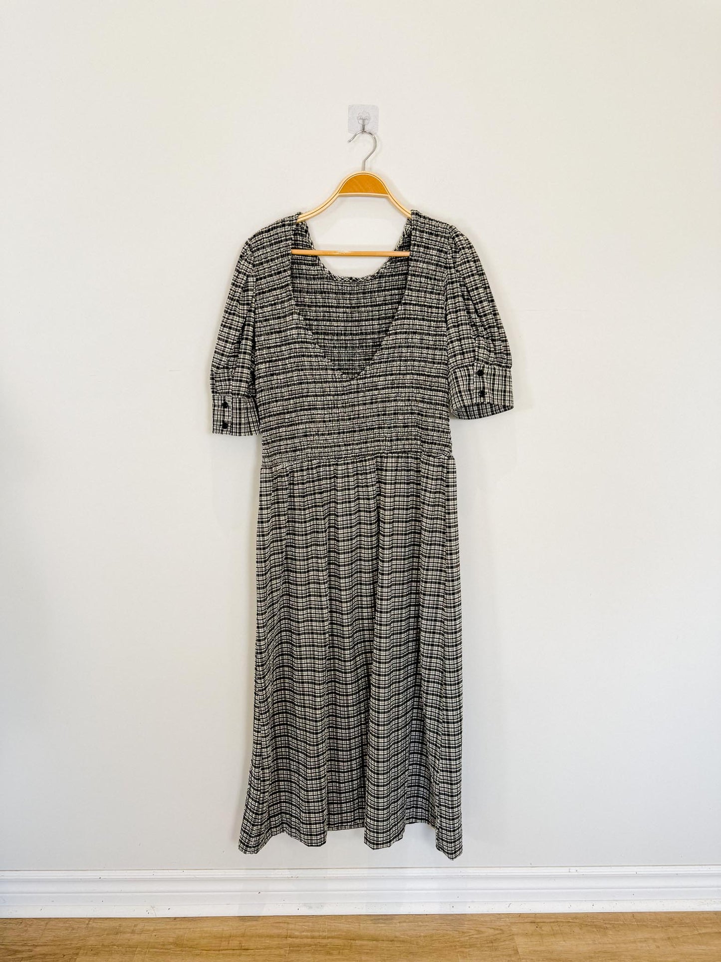 GANNI "Shirred Checked Recycled Seersucker Midi Dress in Black/White" (Size L)