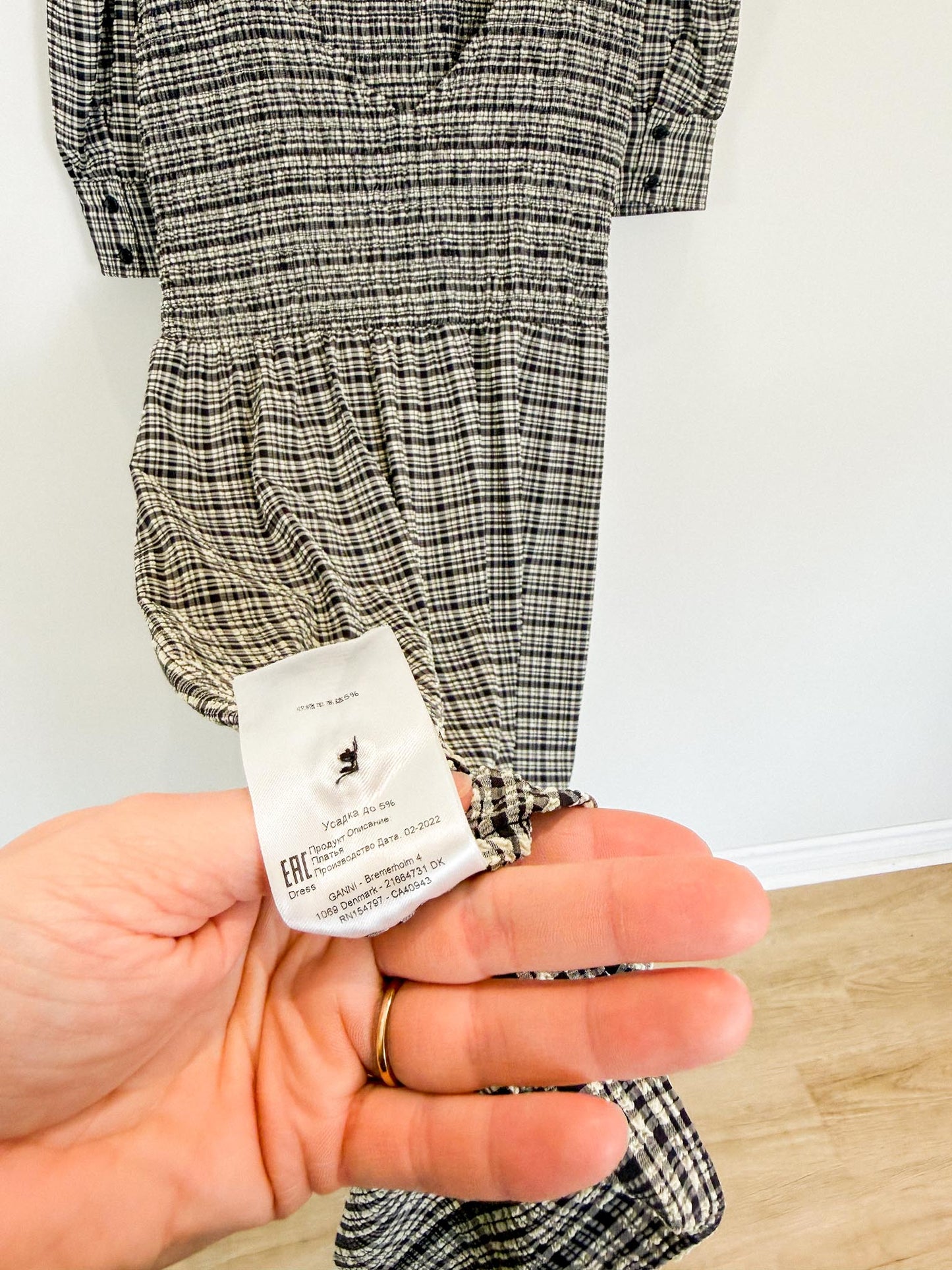 GANNI "Shirred Checked Recycled Seersucker Midi Dress in Black/White" (Size L)