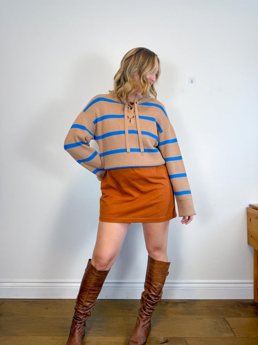 Everlane "The Lace-Up Smock Sweater in Blue/Brown Stripe" (Size M)