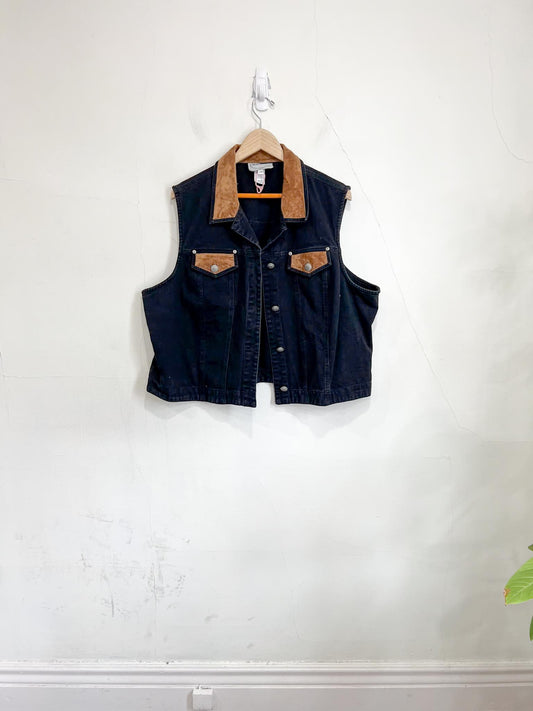 Vintage Denim Vest with Faux Suede Collar (Size 2X)