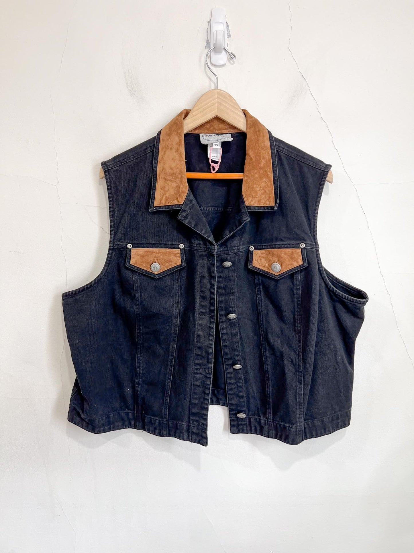 Vintage Denim Vest with Faux Suede Collar (Size 2X)