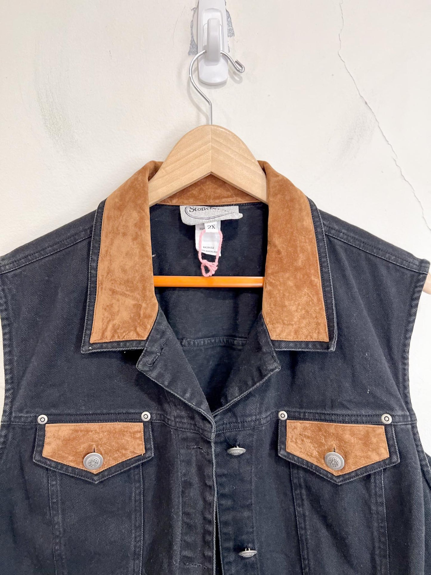 Vintage Denim Vest with Faux Suede Collar (Size 2X)