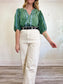 Odd Molly Slow Fashion Embroidered Puff Sleeve Blouse in Green/Blue (Size L)