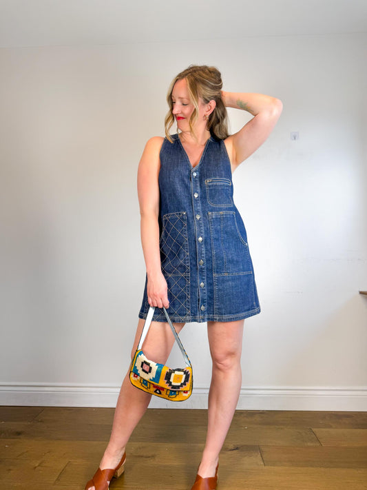 Anthropologie Pilcro Sleeveless V-Neck Denim Pinafore Mini Dress (Size L)
