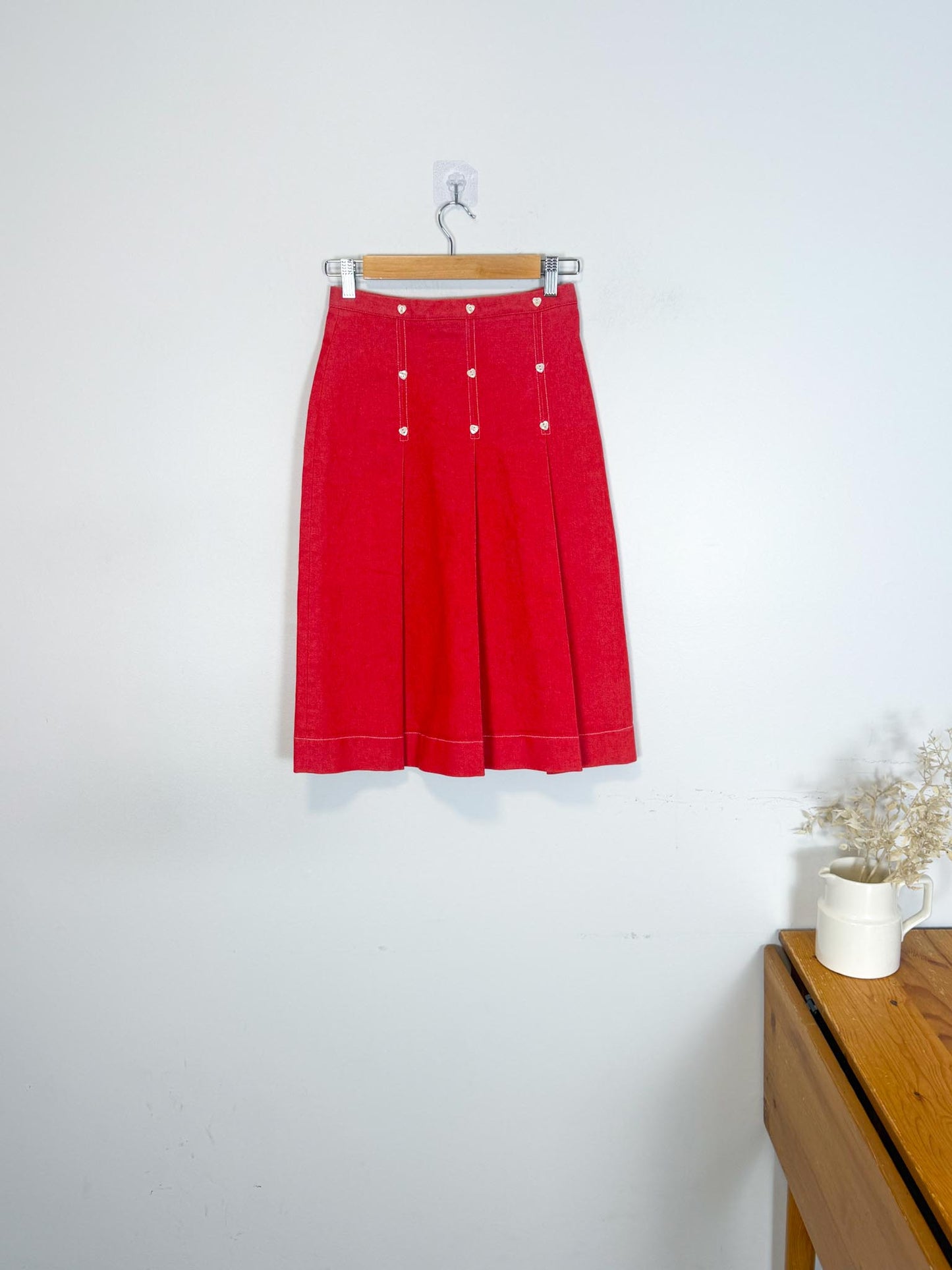 Vintage Red Denim Midi Skirt with Heart Buttons (Size XS/S)