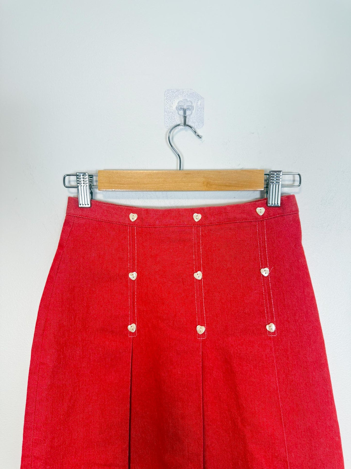 Vintage Red Denim Midi Skirt with Heart Buttons (Size XS/S)
