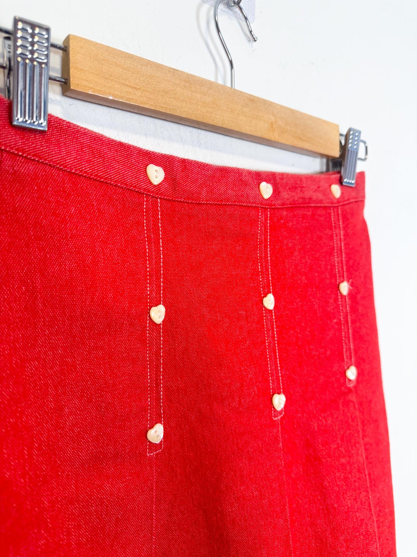 Vintage Red Denim Midi Skirt with Heart Buttons (Size XS/S)