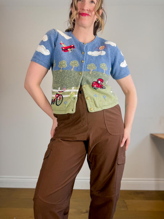 Vintage Embroidered Short Sleeve Cardigan (Size M)