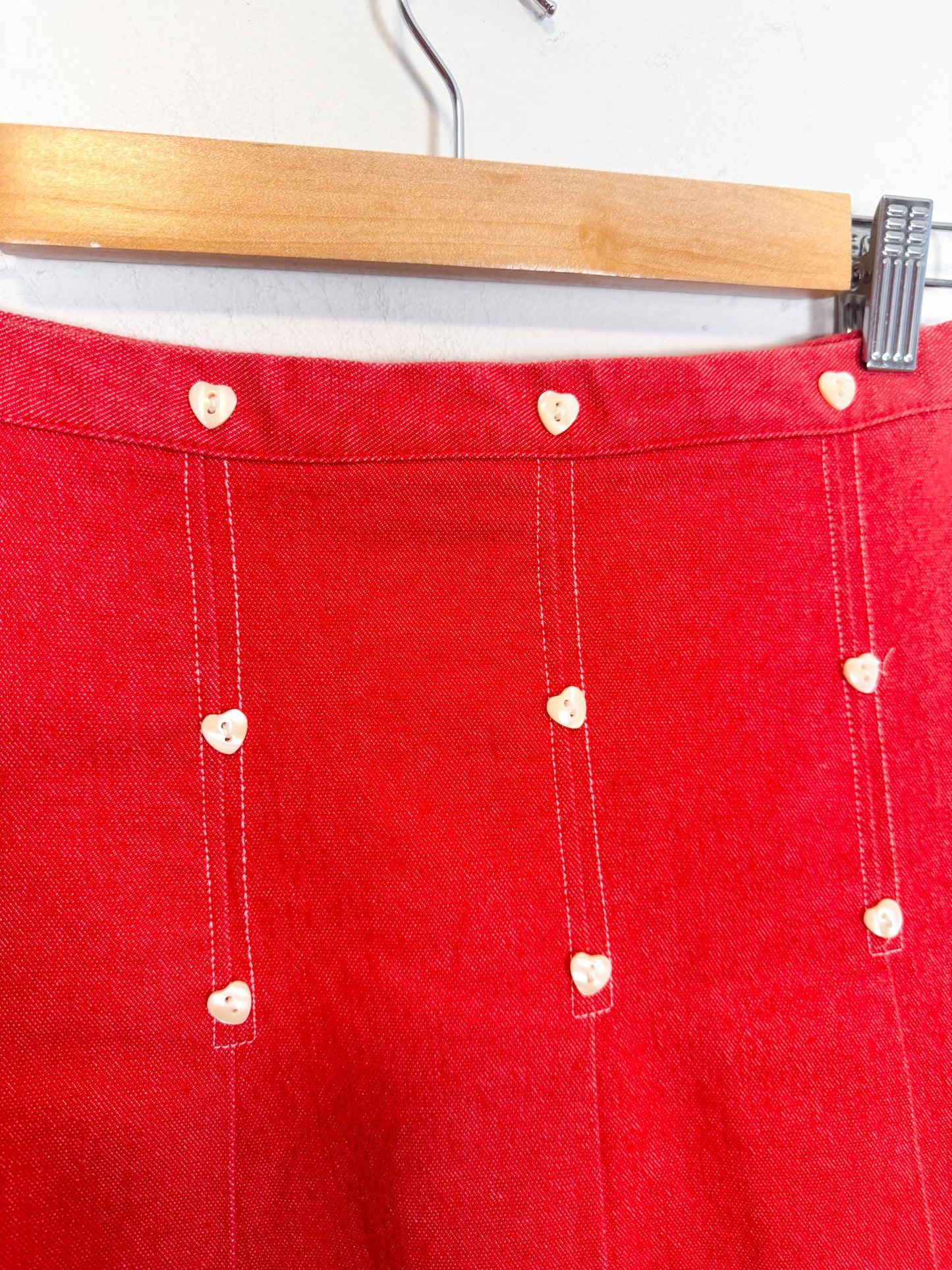 Vintage Red Denim Midi Skirt with Heart Buttons (Size XS/S)
