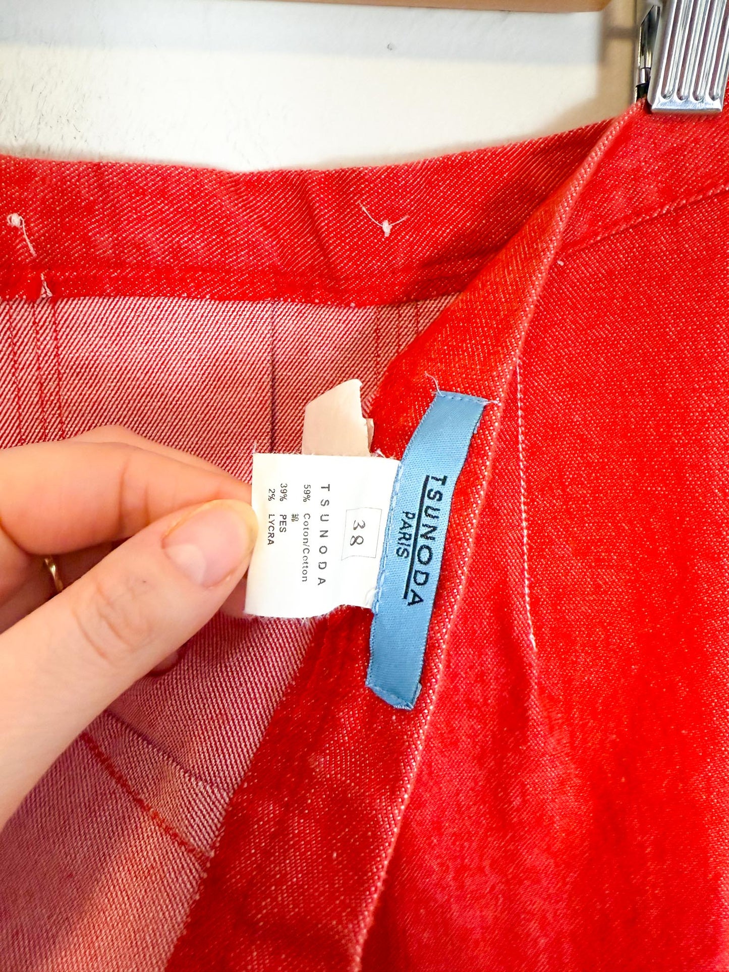 Vintage Red Denim Midi Skirt with Heart Buttons (Size XS/S)