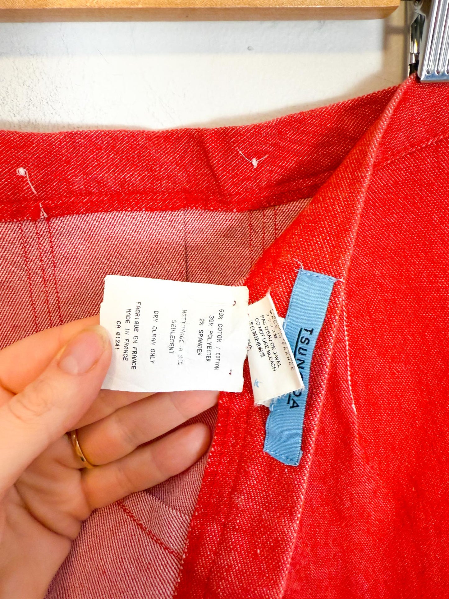 Vintage Red Denim Midi Skirt with Heart Buttons (Size XS/S)