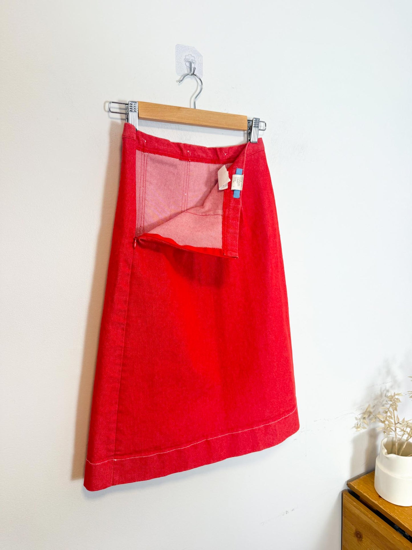 Vintage Red Denim Midi Skirt with Heart Buttons (Size XS/S)